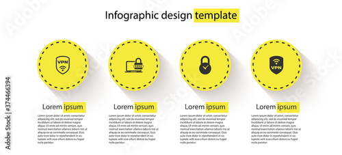 Set Shield with VPN wireless, Laptop password, Padlock clock and . Business infographic template. Vector.