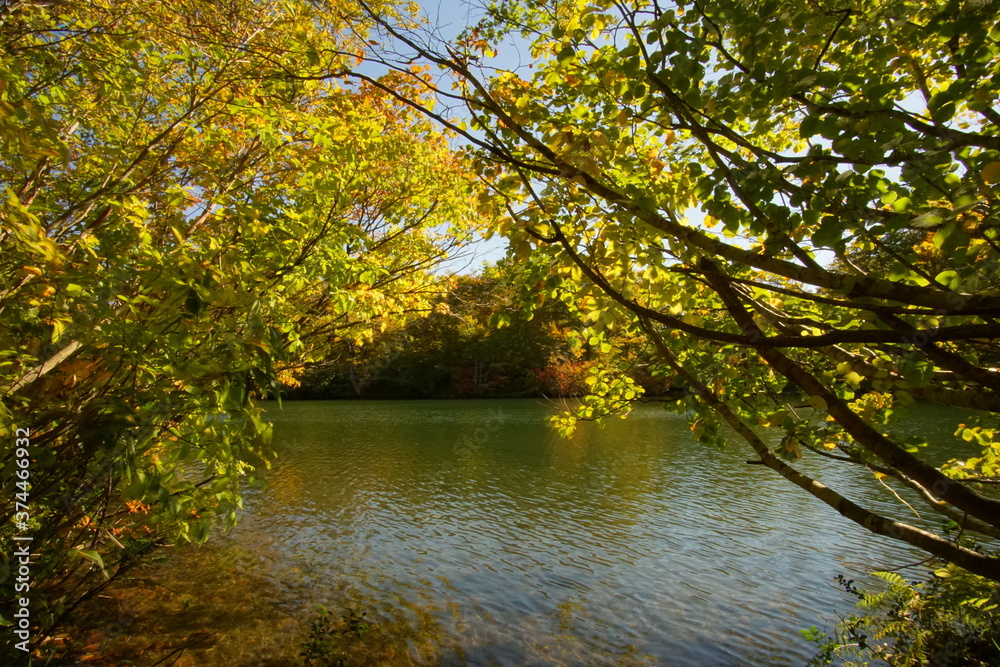 Mountain Lake in Early Autumn Sunlight, Nagano, Japan Mountain Lake in Early Autumn Sunlight, Nagano, Japan