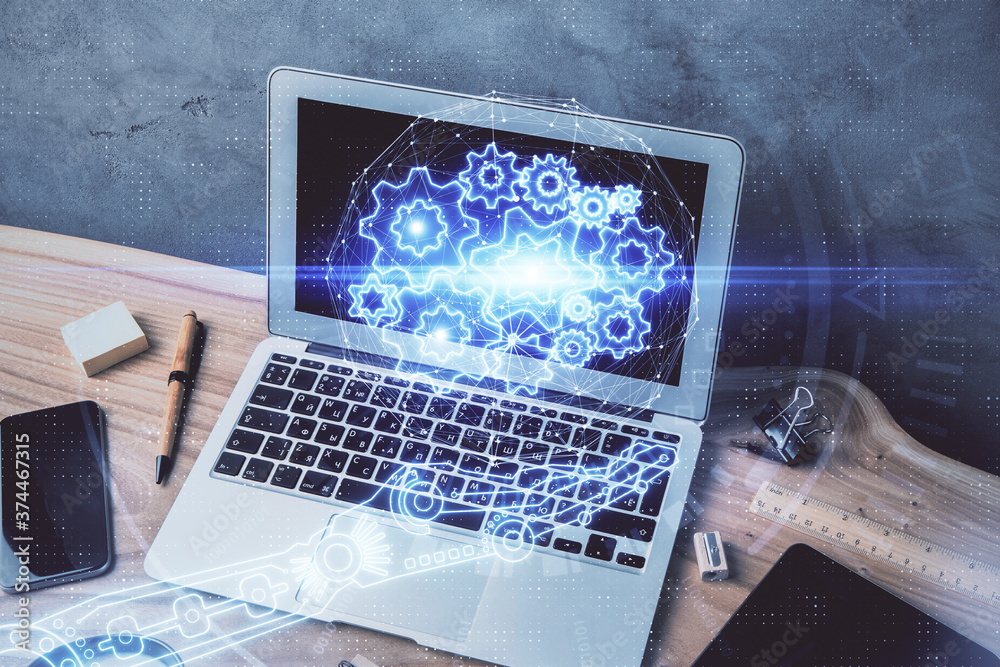 Double exposure of desktop computer and technology theme hologram. Concept of software development. Double exposure of desktop computer and technology theme hologram. Concept of software development.