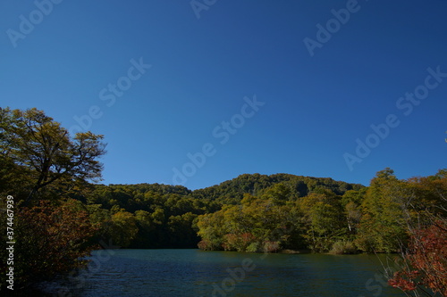 Mountain Lake in Early Autumn Sunlight, Nagano, Japan