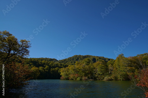 Mountain Lake in Early Autumn Sunlight  Nagano  Japan