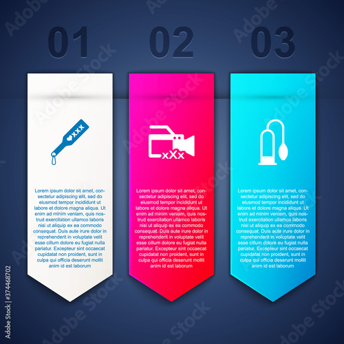 Set Spanking paddle, Video camera with Sex and Penis pump. Business infographic template. Vector.