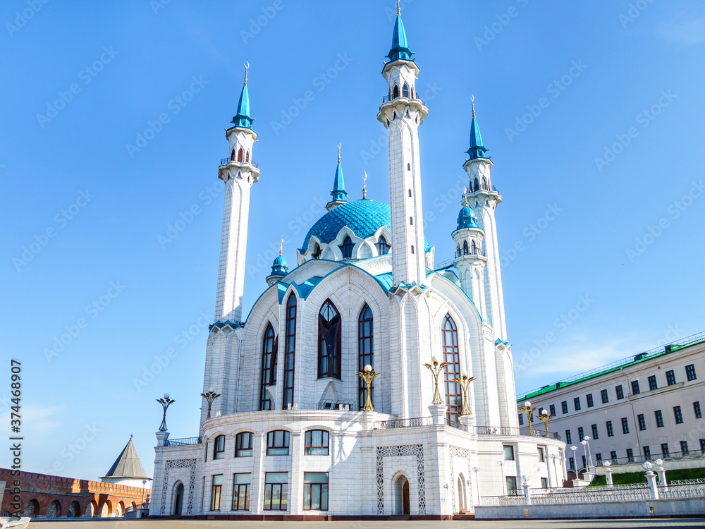 Building & minarets of Kul Sharif Mosque, Kazan Kremlin, Russia. No people around