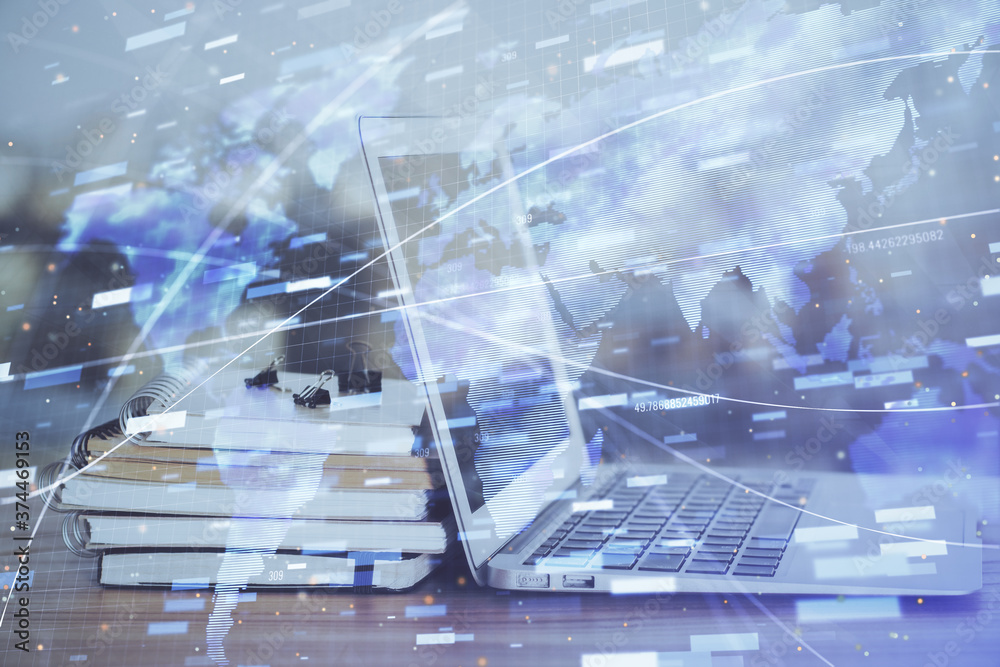 Double exposure of computer and technology theme hud. Concept of innovation. Double exposure of computer and technology theme hud. Concept of innovation.