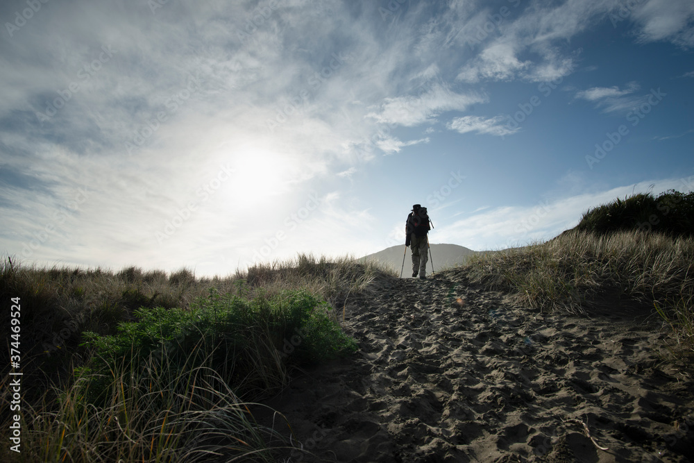 Fototapeta premium Walking on the black-sand Anawhata beach, Waitakere, New Zealand