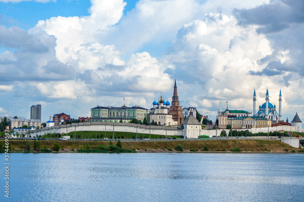 Panorama of Kremlin & its buildings, Kazan, Russia. River on front is Kazanka. Also there is transport dam, that connecting eastern & western parts of city