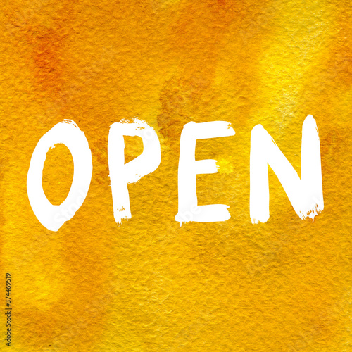 Open sign on abstract colorful watercolor background