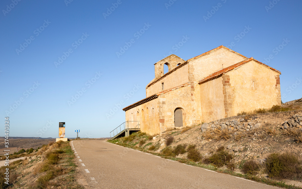 Fototapeta premium the hermitage of San Miguel de Gormaz in the slope to the Caliphate fortress of Gormaz village, province of Soria, Castile and Leon, Spain