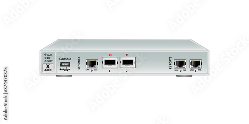 Multiplexer-switch for Ethernet and E1 streams . Has 2 SFP ports, 1 Ethernet ports (RJ45), 2 E1 ports (RJ45) and 1 USB console ports. On a white background. Vector illustration. photo