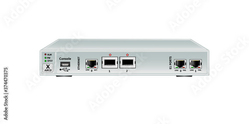 Multiplexer-switch for Ethernet and E1 streams . Has 2 SFP ports, 1 Ethernet ports (RJ45), 2 E1 ports (RJ45) and 1 USB console ports. On a white background. Vector illustration.