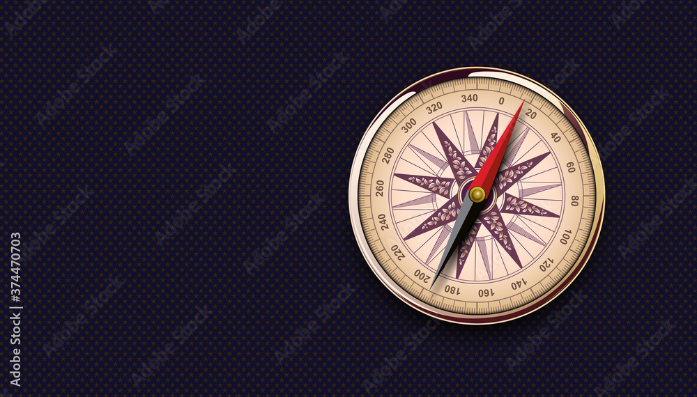 Vintage gold compass on black background with copy space, vector illustration.