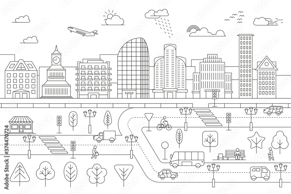 Obraz premium Linear landscape of a city street with buildings, roads, trees, transport and architectural elements. Minimal flat line outline stroke icon illustration.