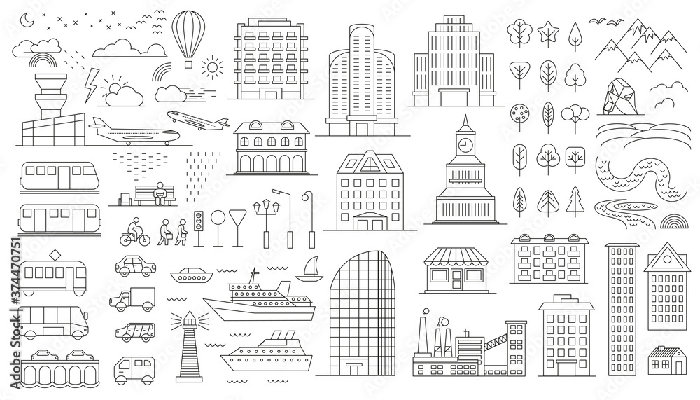 Obraz premium Vector collection of linear icons and illustrations with buildings, houses and architecture signs - design elements for city illustration or map. Transport, buildings, nature.