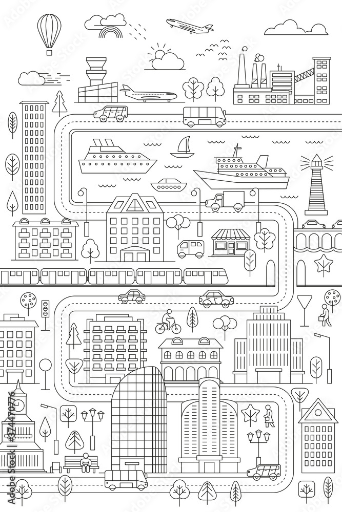 Linear landscape of a city street with buildings, roads, trees, transport and architectural elements. Minimal flat line outline stroke icon illustration.