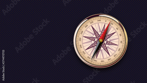 Vintage gold compass on black background with copy space, vector illustration.