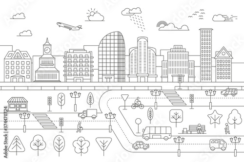 Linear landscape of a city street with buildings, roads, trees, transport and architectural elements. Minimal flat line outline stroke icon illustration.
