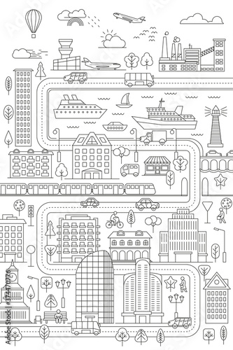 Linear landscape of a city street with buildings, roads, trees, transport and architectural elements. Minimal flat line outline stroke icon illustration.