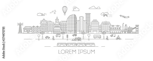 Linear landscape of a city street with buildings, roads, trees, transport and architectural elements. Minimal flat line outline stroke icon illustration.