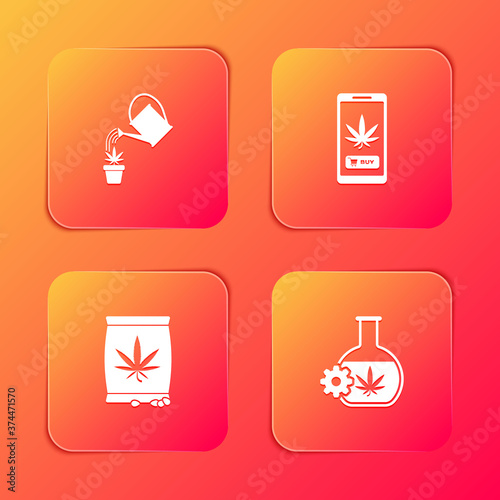 Set Watering can marijuana, Online buying, Marijuana or cannabis seeds and Test tube with icon. Vector.