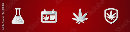 Set Test tube with marijuana, Calendar and, Marijuana or cannabis leaf and Shield icon. Vector.