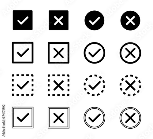 Check mark, cross icon. Vector isolated elements, icons, signs. Tick check mark black icons. Stock vector.