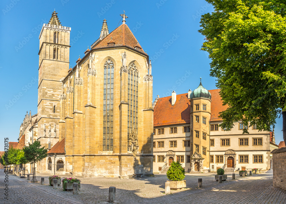 View at the Church of St.Jakob and Protestant youth buiulding in Rothenburg ob der Tauber - Germany