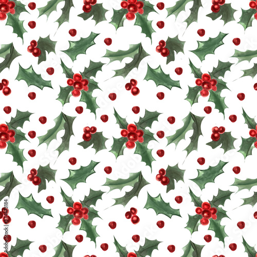 New Year Christmas flower poinsettia watercolor seamless pattern on white background. For fan design, printing on fabric and paper