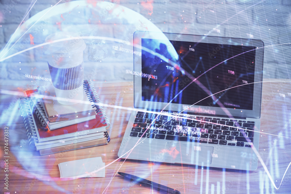 Multi exposure of forex graph and work space with computer. Concept of international online trading. Multi exposure of forex graph and work space with computer. Concept of international online trading.
