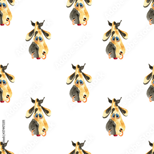 Goby cow watercolor seamless pattern on white background. For party design, print on fabric and paper