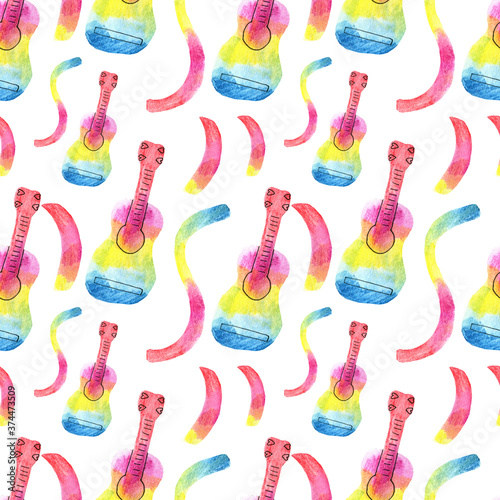 Music guitar watercolor seamless pattern on white background. For party design, print on fabric and paper