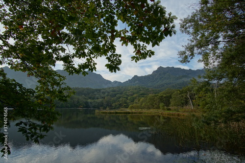 beautiful landscape view of mountain  lake  and trees