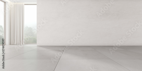 3d render of empty room with tile floor and large plain concrete wall on nature background.