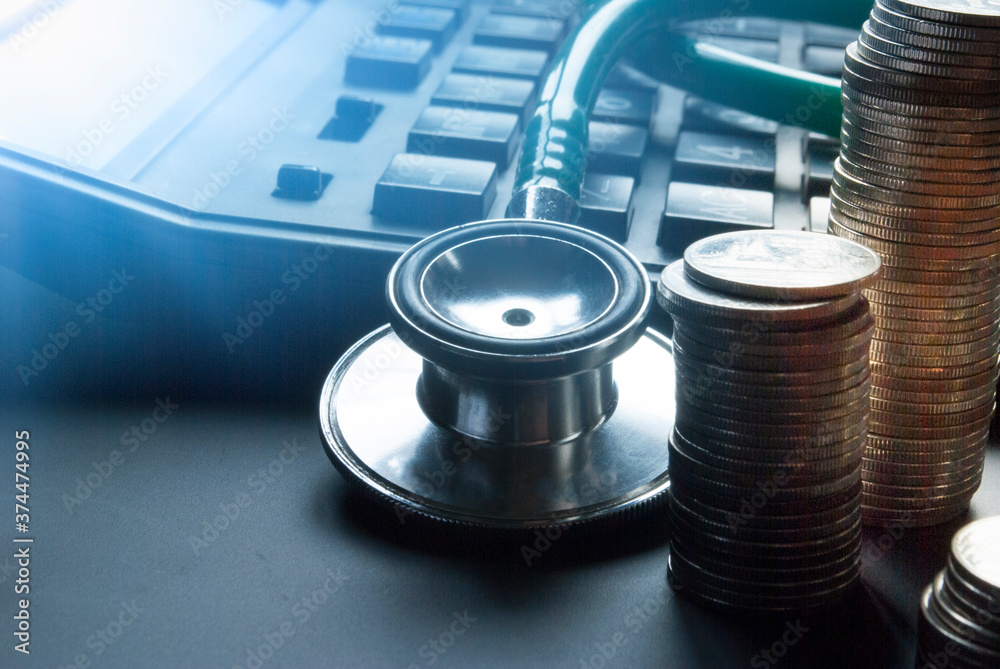 Financial accounting, money calculator on table Financial accounting, money calculator on table