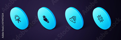 Set Isometric UV protection, Rainbow with cloud, Thermometer and cloud, sun and Sun snowflake icon. Vector.