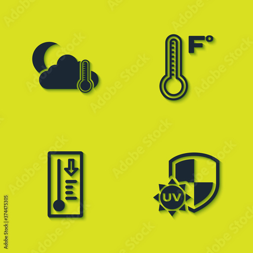 Set Thermometer and cloud, moon, UV protection, Meteorology thermometer and icon. Vector.