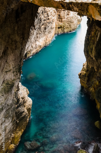 Grotta del Turco it is a grotto which ends directly in the sea and where the waves create atmospheric effects of light. It is a picturesque hiding place of the ancient pirates. Gaeta, Italy