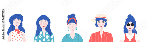 Set of portraits of various young stylish women. Girls with different hairstyle, clothes and accessories. Bundle of modern female avatars. Flat cartoon vector illustration. 