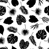 Vector palms and leaves black and white seamless pattern