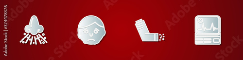 Set Runny nose, Inflammation on face, Inhaler and Monitor with cardiogram icon. Vector.