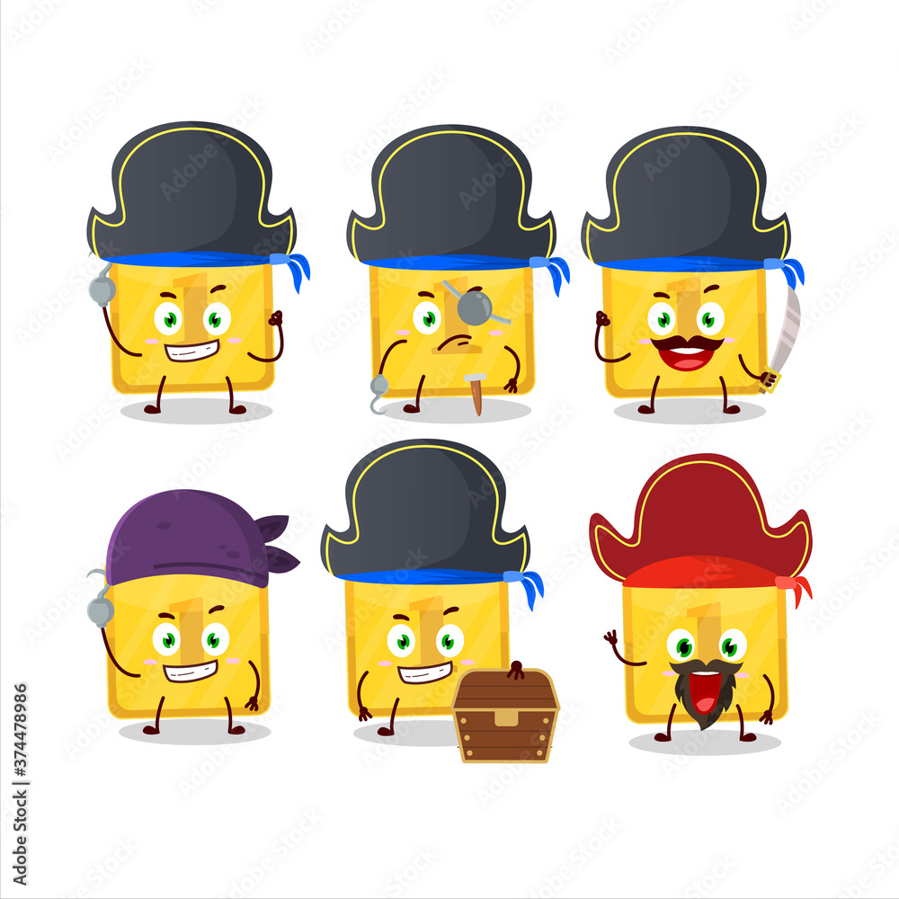 Cartoon character of gold first button with various pirates emoticons