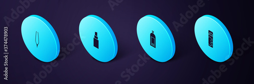 Set Isometric Shaving gel foam, Bottle of shampoo, Lipstick and Eyebrow tweezers icon. Vector.