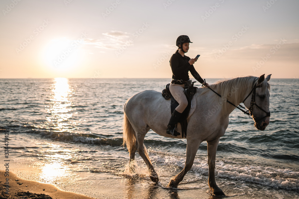 Woman with phone sending text messages riding on a white horse at sunset
Woman with phone sending text messages riding on a white horse at sunset