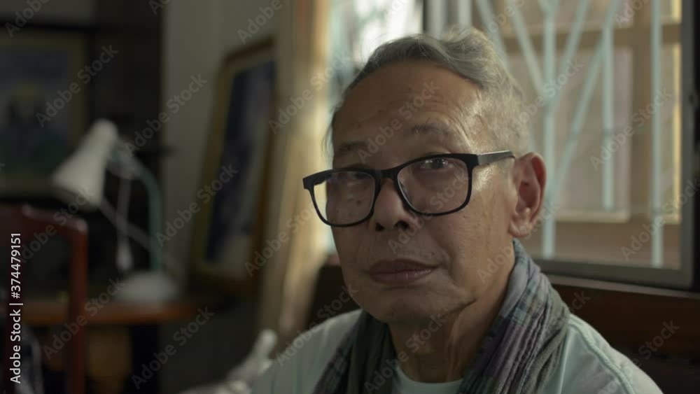 Funny elderly grandfather raising his eyebrow posing video portrait at home. Senior old gray hair man wearing eyeglasses looking at camera in living room. Healthy retirement age. Funny elderly grandfather raising his eyebrow posing video portrait at home. Senior old gray hair man wearing eyeglasses looking at camera in living room. Healthy retirement age.