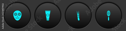 Set Facial cosmetic mask, Lotion tube, Eyebrow tweezers and Hairbrush icon. Vector.