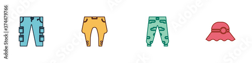 Set Cargo pants, Pants, Camouflage cargo and Elegant women hat icon. Vector.