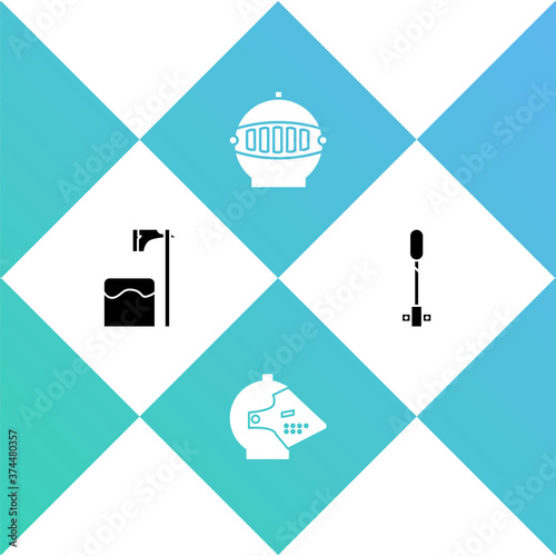 Set Executioner axe in tree block, Medieval iron helmet, and Torch flame icon. Vector.