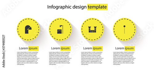 Set Medieval iron helmet, Executioner axe in tree block, Castle and chained mace ball. Business infographic template. Vector.