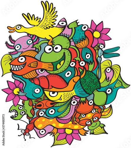 Group of funny and multicolor creatures living in a pond. Flowers  plants  frogs  ducks  insects  lizards  snails  fishes  crabs and other weird creatures compose this vivid and joyful design