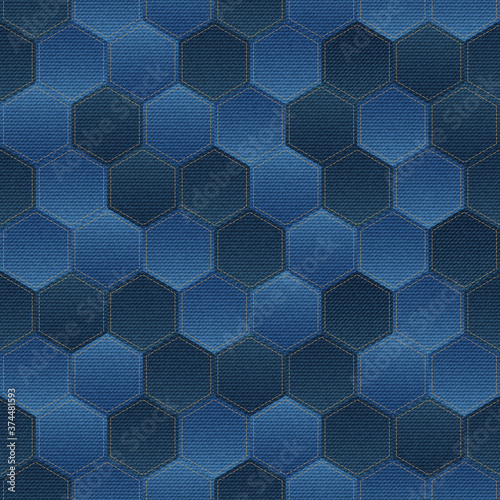 Vector seamless pattern with denim patchwork hexagons. Jeans fabric mosaic texture on blue background