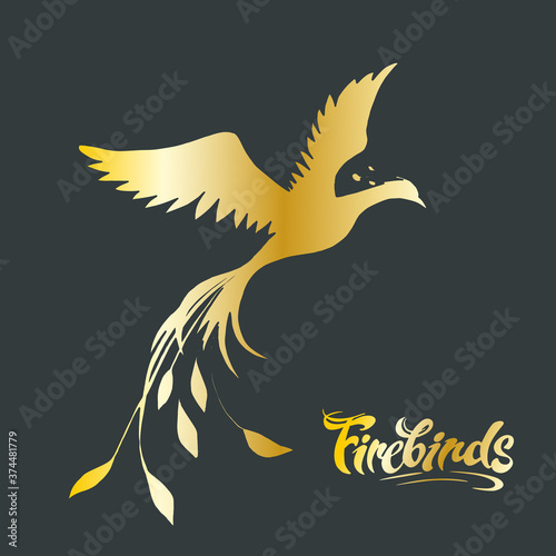 Vector image of a golden silhouette of a phoenix on a dark background and the inscription "Firebirds"